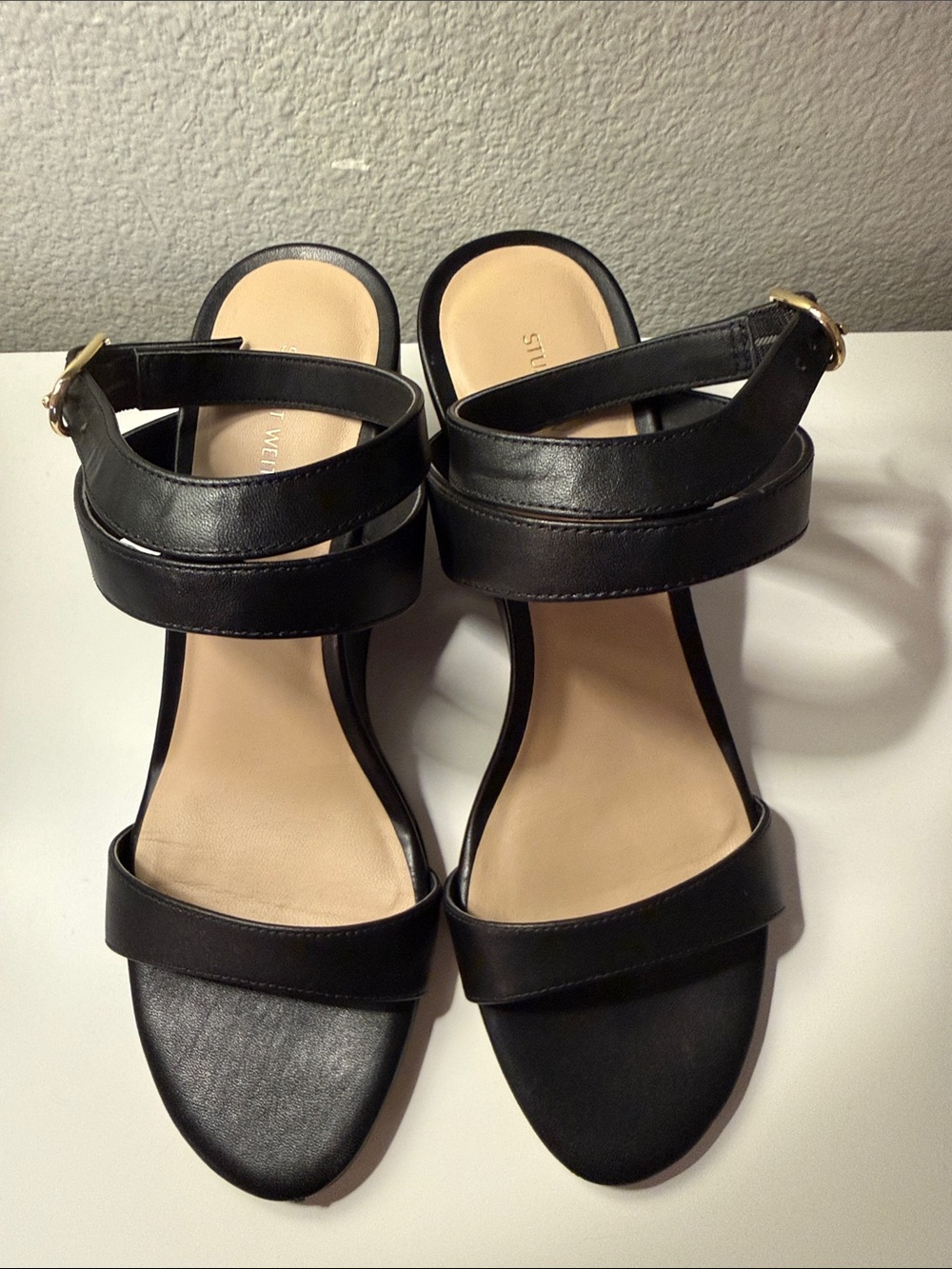 Stuart Weitzman Black Avenue 75 Leather Wedge Sandal 7.5 - Picture 4 of 12